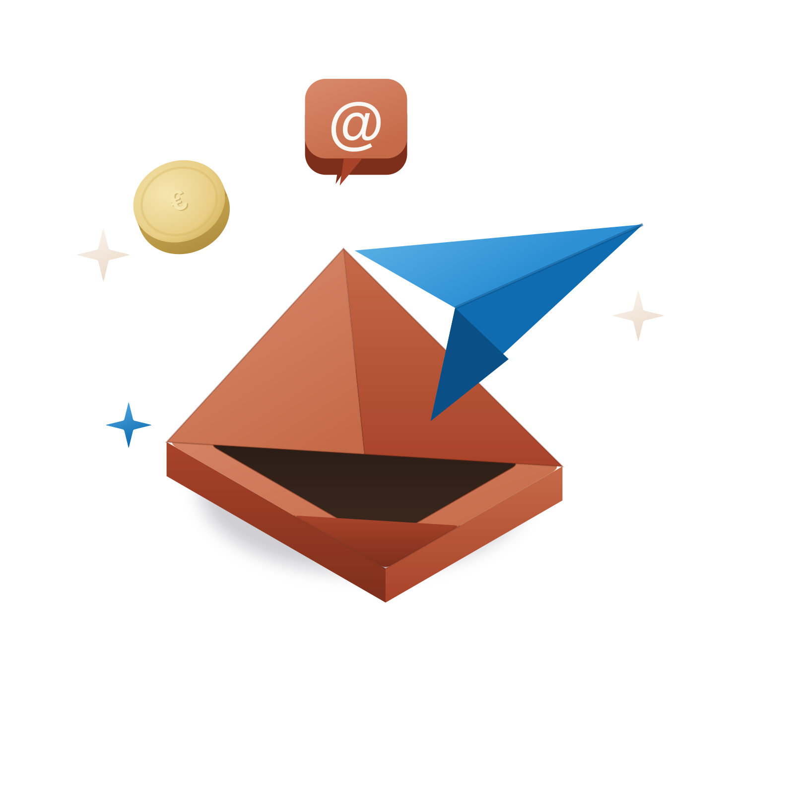 Illustrazione 3D isometrica: una busta aperta con un aeroplanino di carta e un badge @
